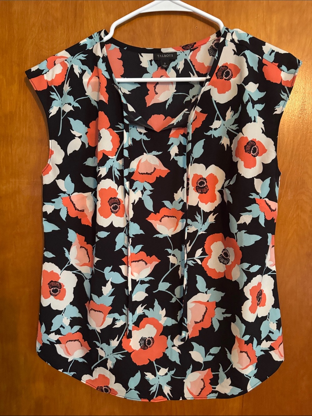Talbots Black Floral Tie-Front Sleeveless Top with Coral Poppy Blooms